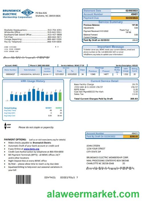 USA North Carolina Brunswick Electric utility bill template in Word and PDF format